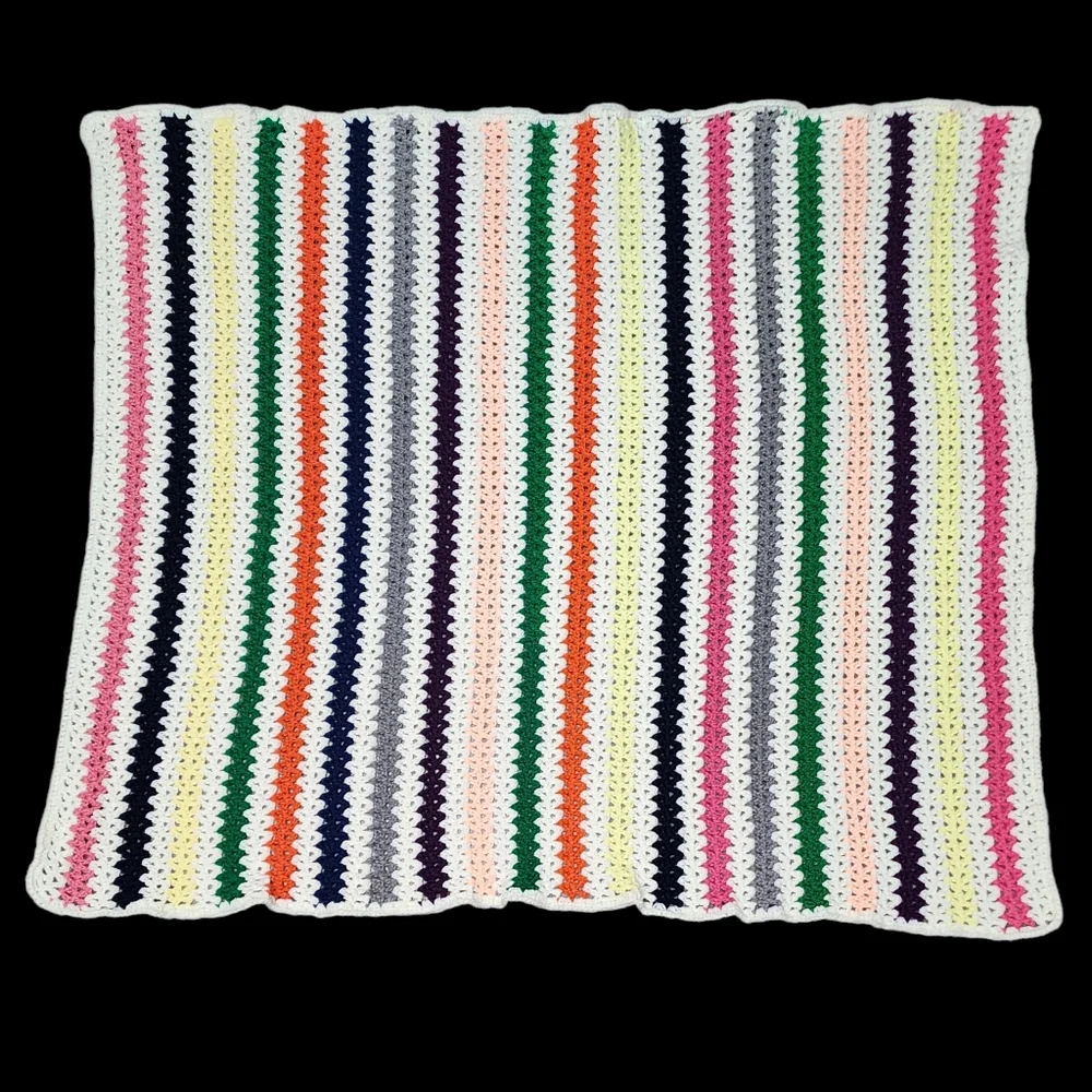 Handmade Colorful White Striped Crocheted V Stitch Lap Blanket Throw Afghan New